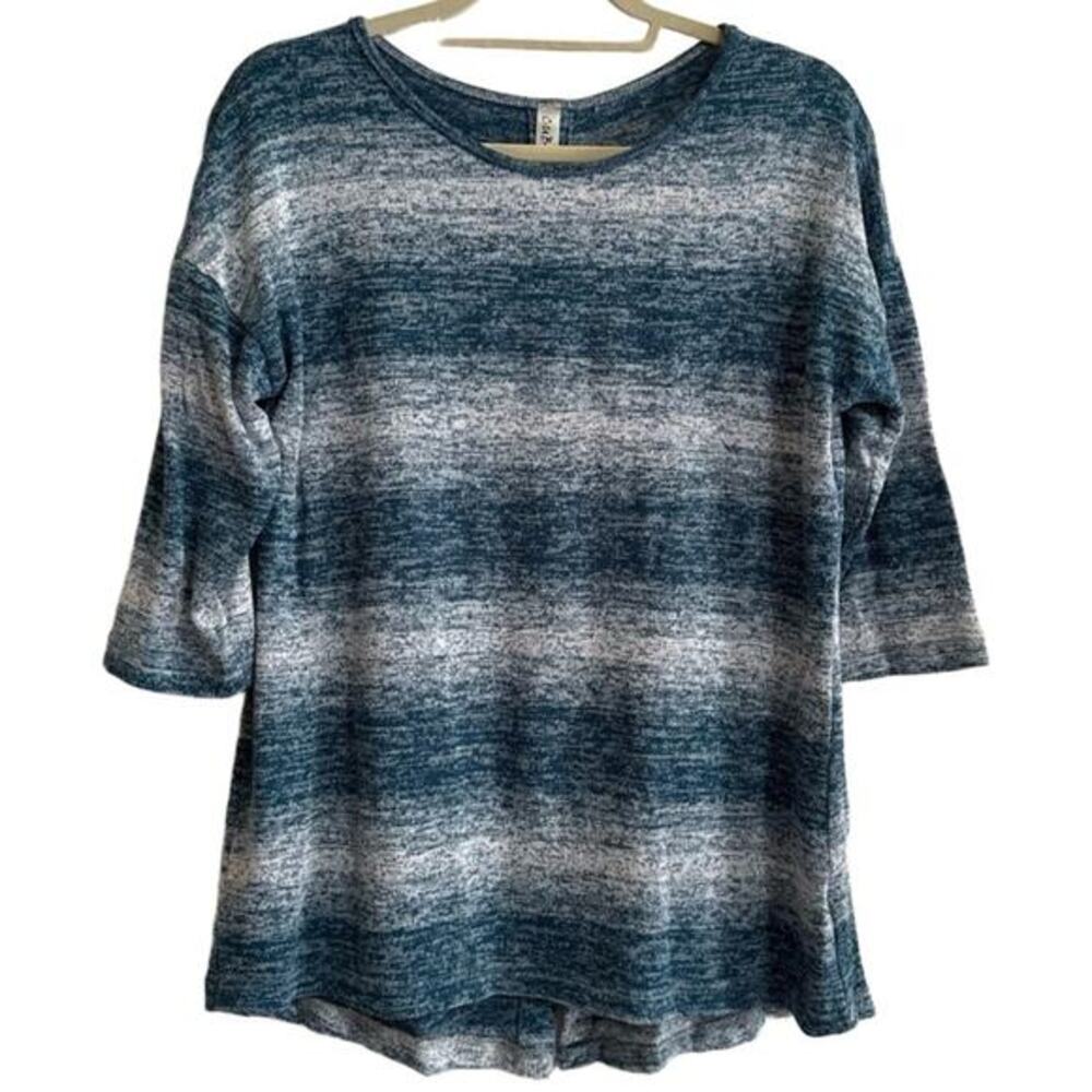 CUBISM‎ Knit Top Womens Small Teal Green White Striped Relaxed Casual